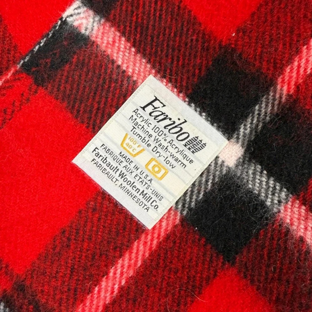 Vintage 70s Faribo Red Plaid Throw Blanket USA Faribault Woolen Mill Co 36x48